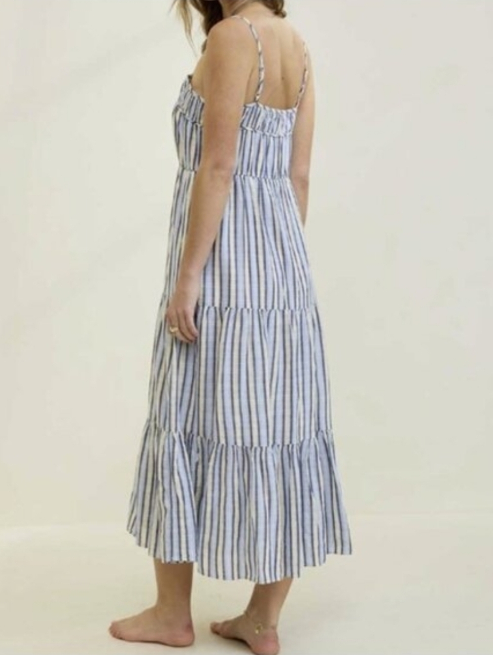 Aerie Striped Blue White Tiered Sundress - Sleeveless Midi Size Lg Cotton Resort - Picture 2 of 14